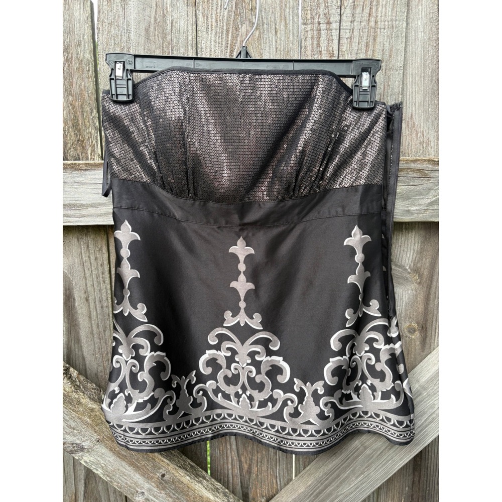 White House Black Market Sequin Silk Strapless Top Black Silver Damask Size 6